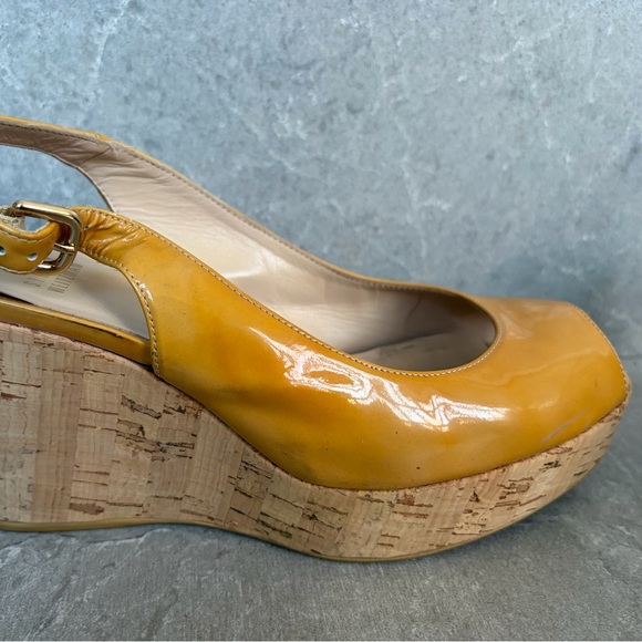 Tan patent-leather peep-toe wedges - Picture 4 of 14